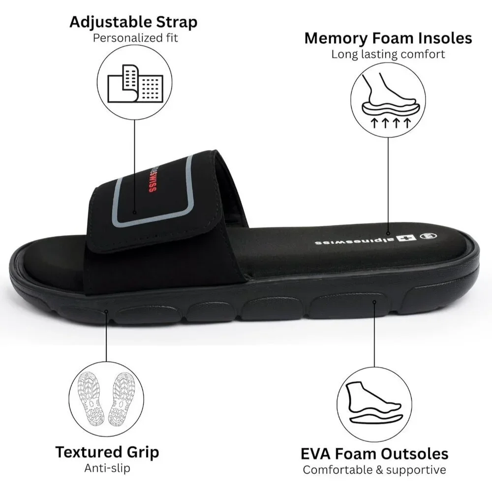 Men's Slide Sandals Black Arch Support Adjustable Strap Anti-Slip
